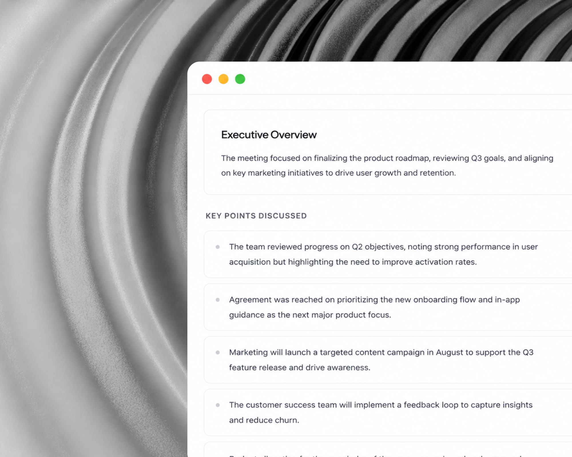 NoteWave executive overview with a meeting summary and key points
