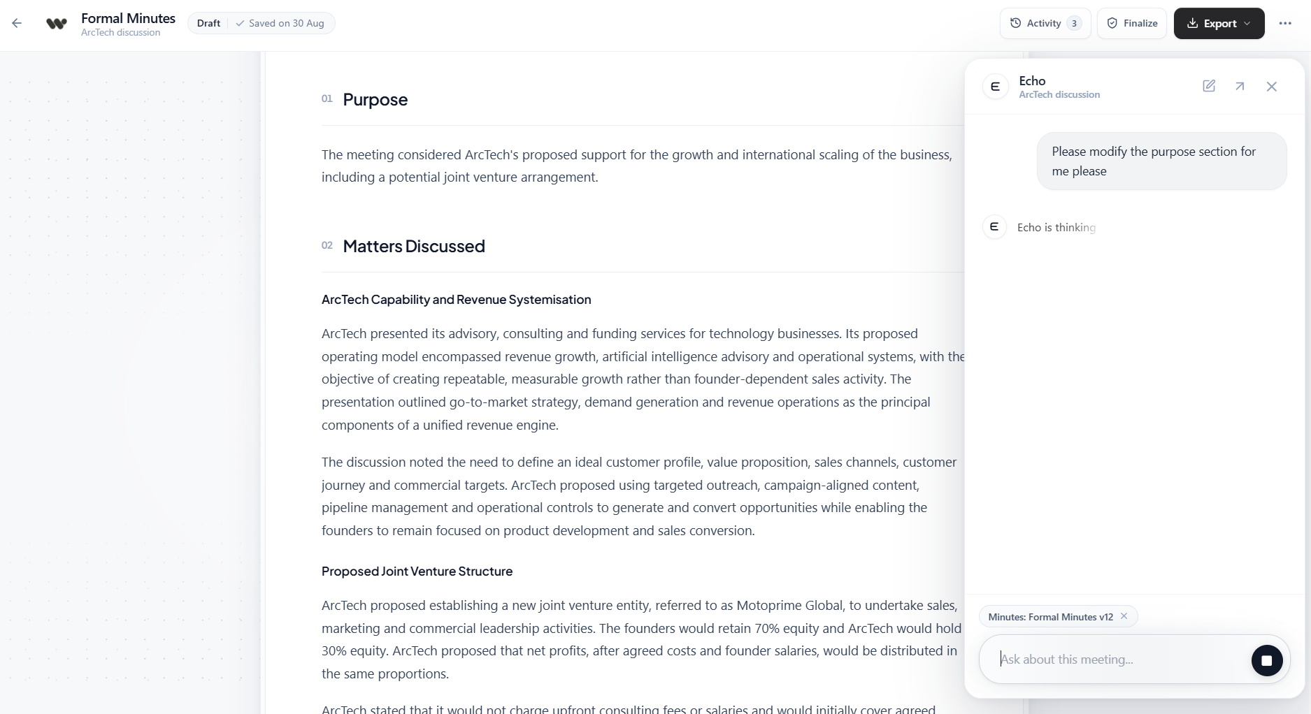 NoteWave formal minutes with Echo open beside the document