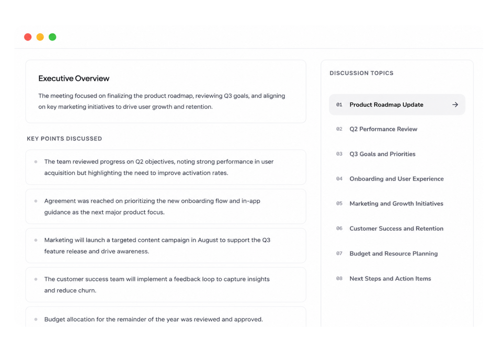 NoteWave executive overview with key meeting points and discussion topics